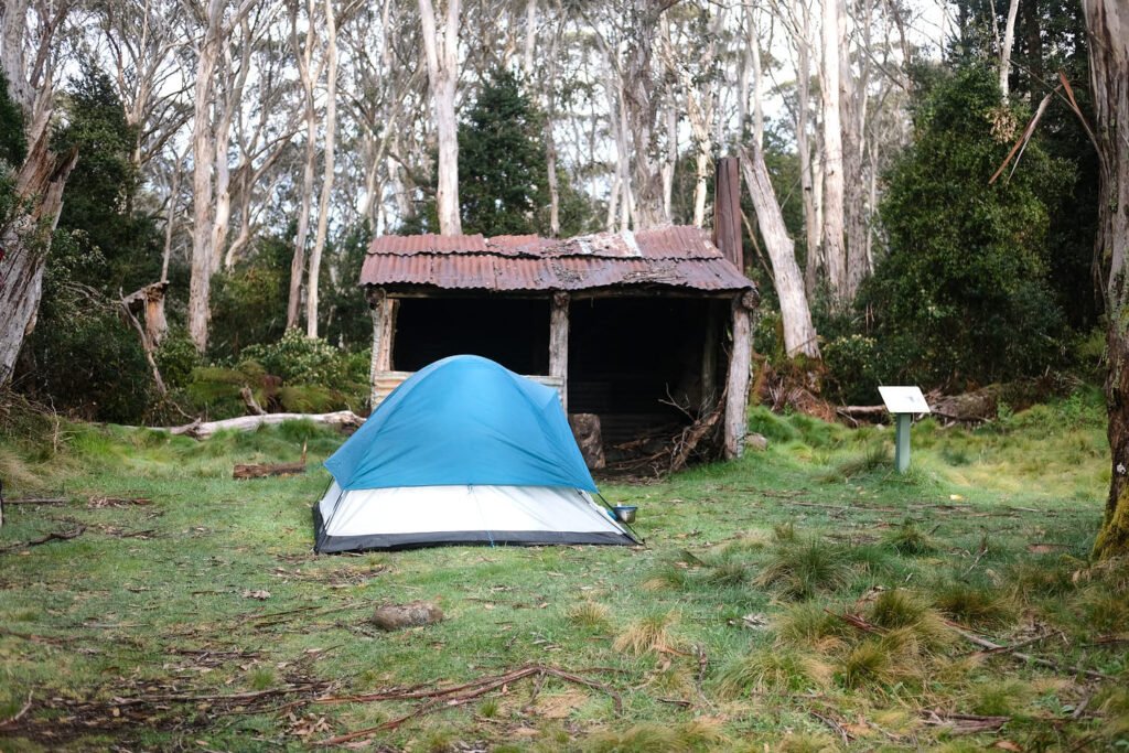 Tent pitched in front of rustic shelter, Barrington Tops