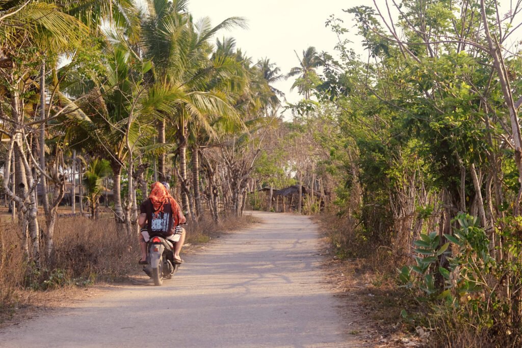 Motorbiking through Indonesian village, dirt roads, coconut trees and all