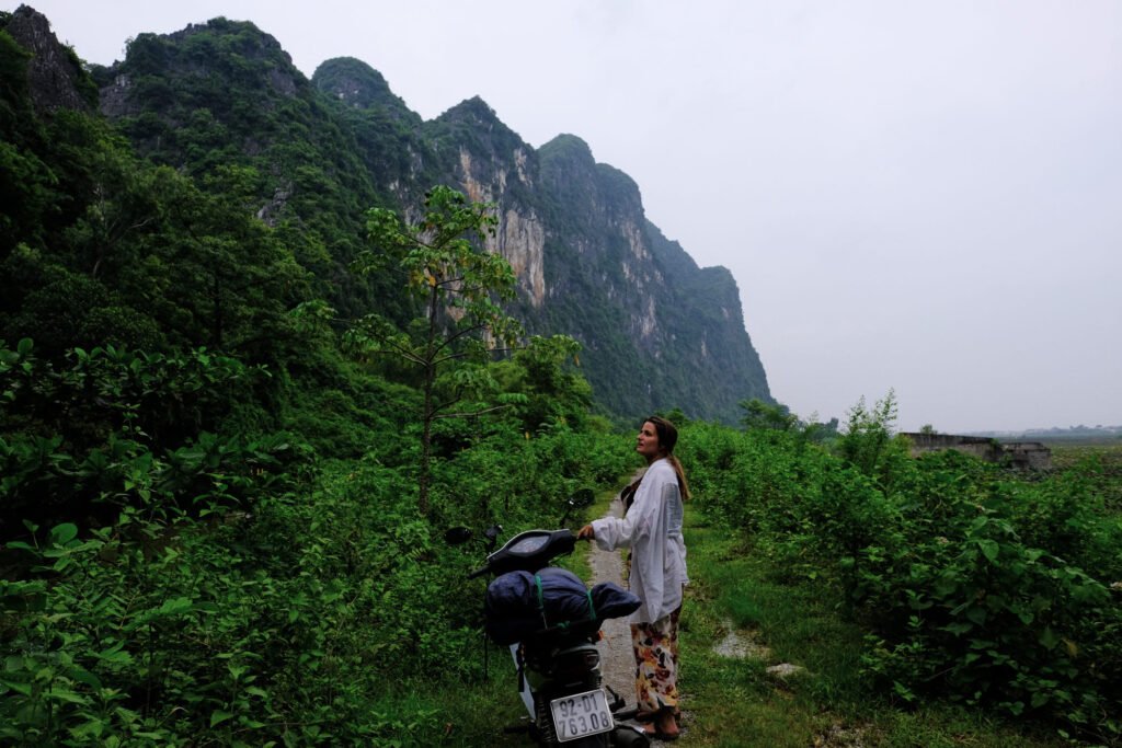 Pulling into a dirt road to admire the scenery alongside Karst Mountains en-route to Tam Coc from Hanoi